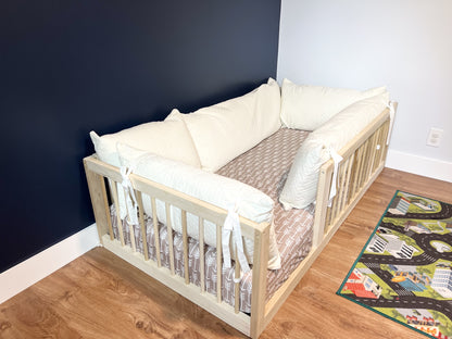 Montessori floor bed, natural poplar hardwood, non-toxic, diamond pillow cover and book organizer.