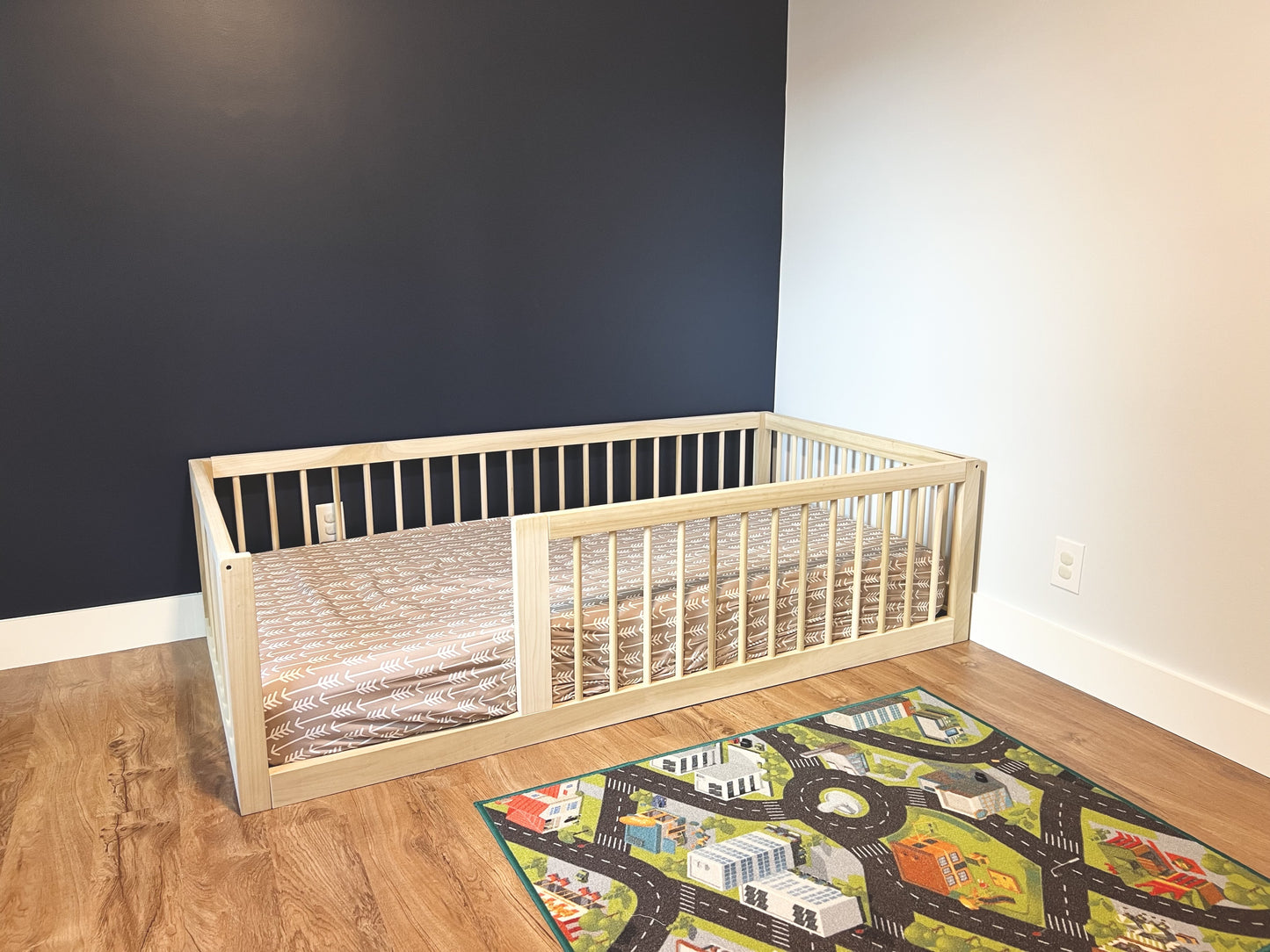 Montessori floor bed, natural poplar hardwood, non-toxic. 