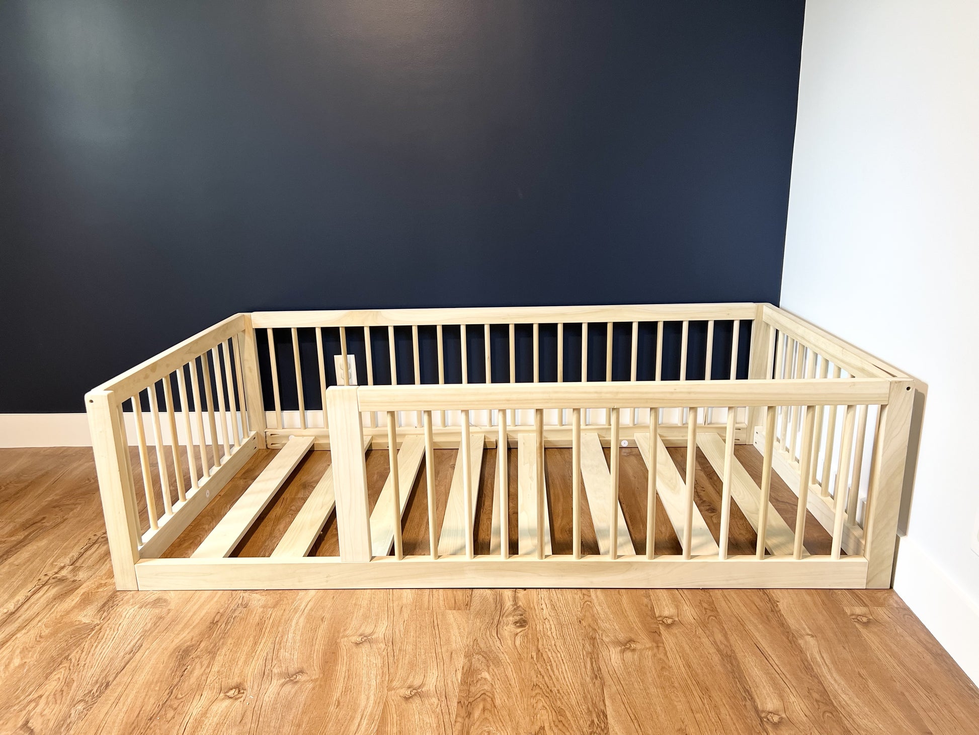 Montessori floor bed, solid hardwood, non-toxic, with slates.