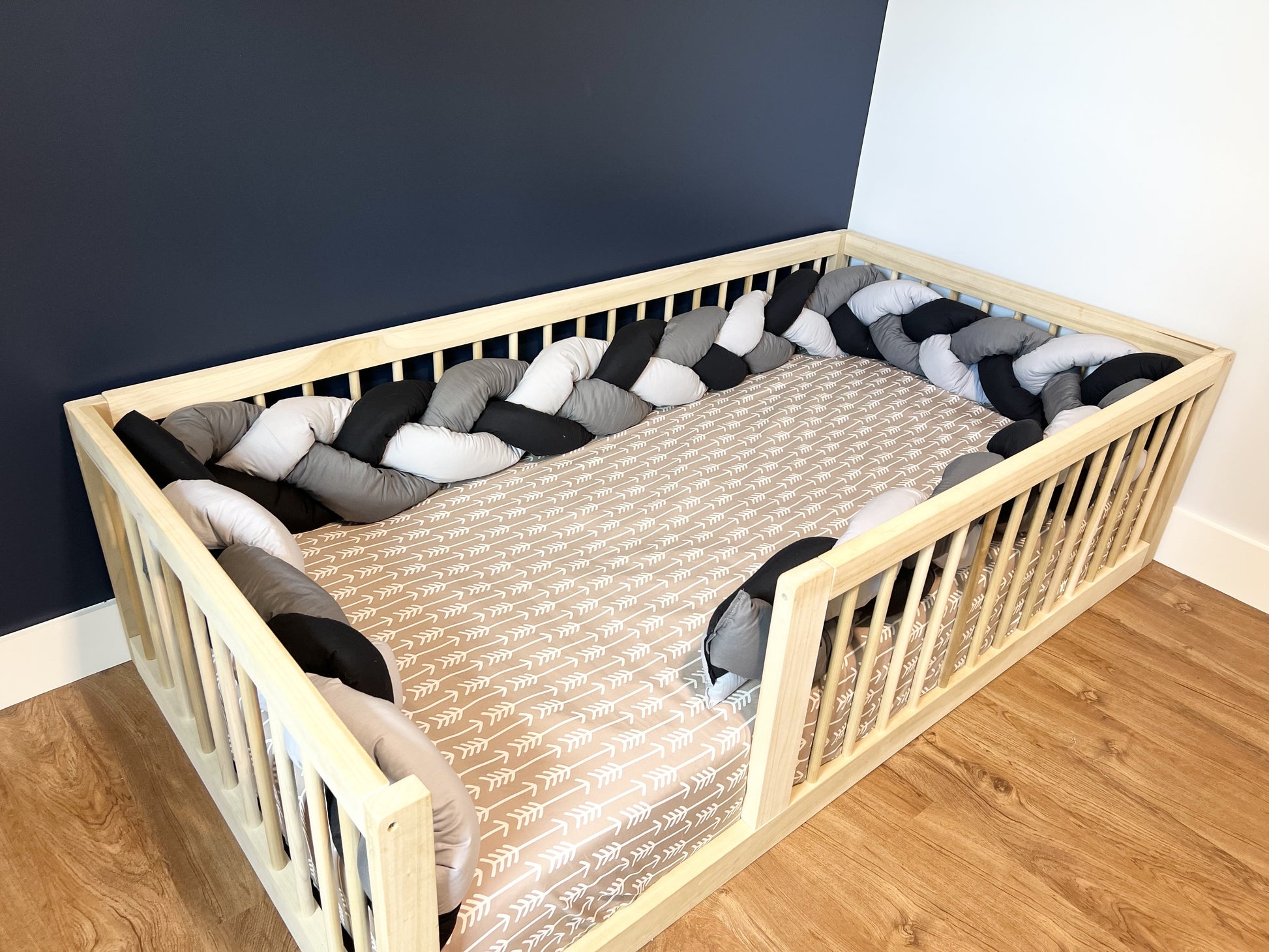 Montessori floor bed, natural poplar hardwood, non-toxic, with tri color braded bumper.