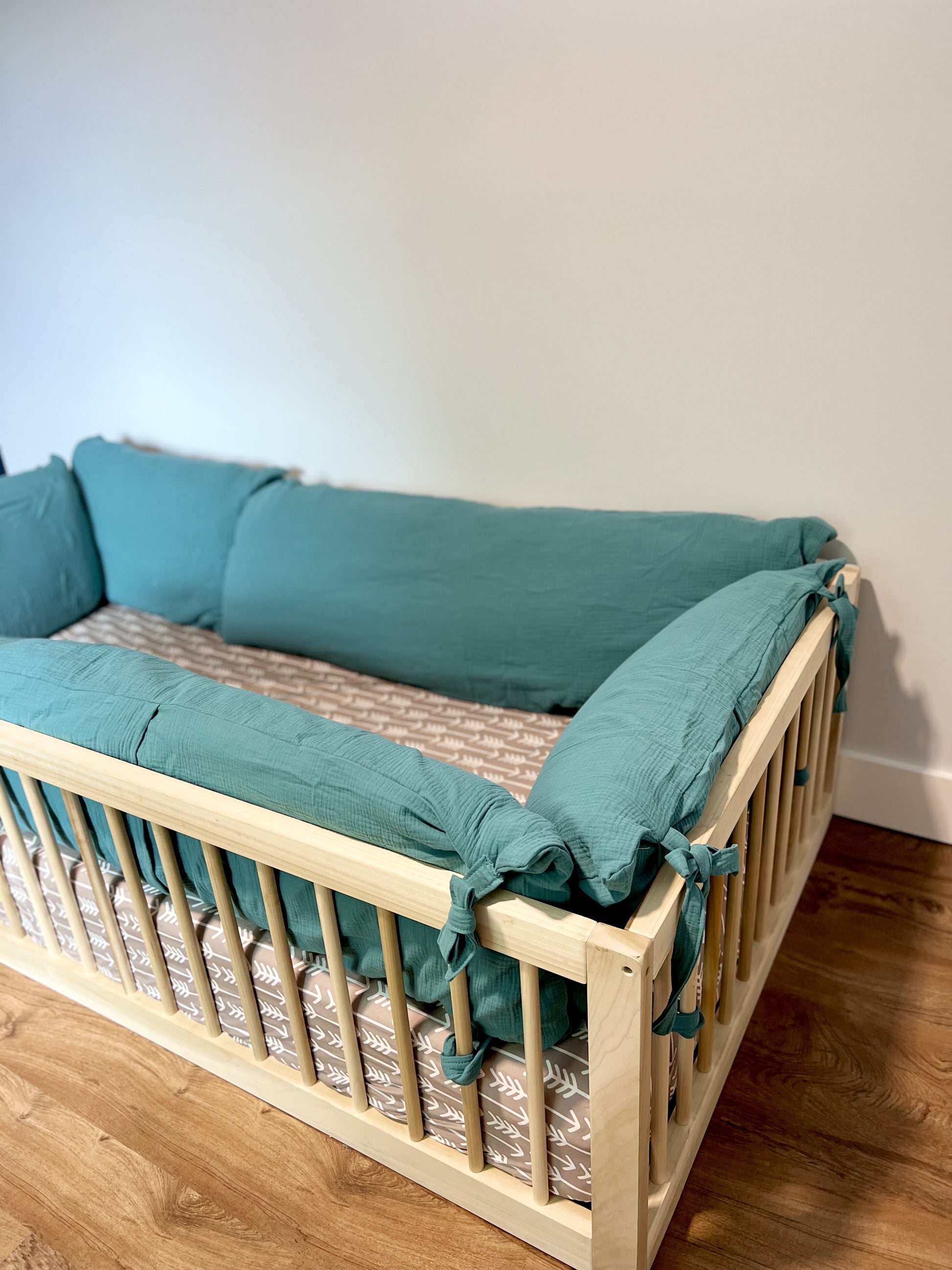 Montessori floor bed, solid hardwood, non-toxic, soft cotton pillow cover.